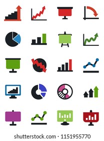 Color and black flat icon set - growth statistic vector, presentation board, crisis graph, monitor, circle chart, statistics, bar, pie, point, arrow up