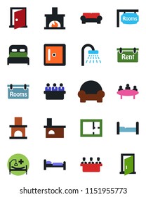 Color and black flat icon set - bed vector, shower, checkroom, meeting, fireplace, hospital, plan, rent, rooms, bedroom, cushioned furniture, door
