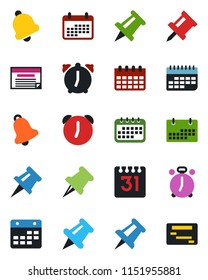 Color and black flat icon set - alarm clock vector, drawing pin, calendar, term, paper, bell, schedule