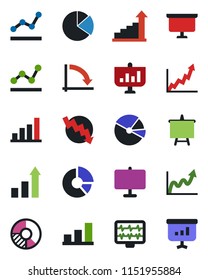 Color and black flat icon set - growth statistic vector, presentation board, crisis graph, circle chart, monitor pulse, bar, pie, point