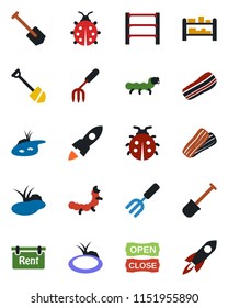 Color and black flat icon set - job vector, garden fork, shovel, lady bug, caterpillar, pond, rack, rent, bacon, open close, rocket