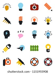 Color and black flat icon set - brainstorm vector, bulb, camera, pencil, fence, rolling pin, energy saving, shining head, idea, paper plane, crisis management