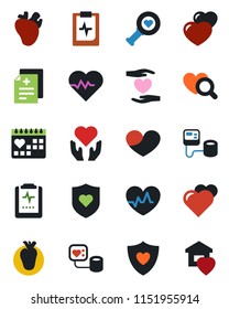 Color and black flat icon set - heart vector, pulse, diagnosis, blood pressure, diagnostic, shield, hand, real, medical calendar, clipboard, sweet home