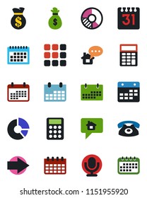 Color and black flat icon set - right arrow vector, calendar, circle chart, microphone, menu, calculator, phone, home message, money bag