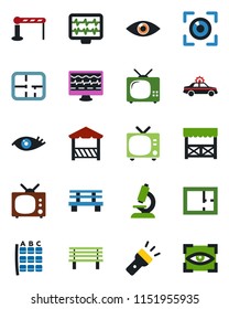 Color and black flat icon set - barrier vector, tv, alarm car, seat map, bench, monitor pulse, microscope, eye, torch, plan, alcove, scan