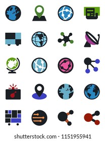 Color and black flat icon set - satellite antenna vector, bomb in case, globe, earth, pin, consolidated cargo, network, share, news, social media