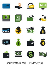 Color and black flat icon set - credit card vector, ticket office, dollar sign, money bag, statistic monitor, cash, receipt, wallet, investment