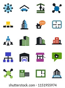 Color and black flat icon set - hierarchy vector, well, molecule, hospital, office building, garage, plan, home message