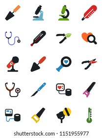 Color and black flat icon set - trowel vector, pruner, saw, stethoscope, blood pressure, thermometer, heart diagnostic, microscope, scalpel, microphone