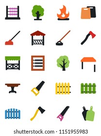 Color and black flat icon set - fence vector, tree, saw, fire, hoe, axe, abacus, table, alcove, cutting board