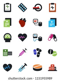 Color and black flat icon set - heart pulse vector, diagnosis, syringe, blood pressure, pills, blister, tomography, real, clipboard, hospital