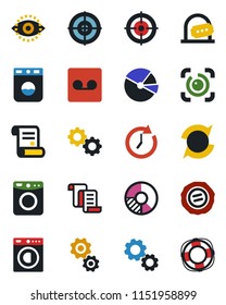Color and black flat icon set - ticket office vector, contract, circle chart, stamp, record, eye id, update, pie graph, target, washer, gear, clock, crisis management