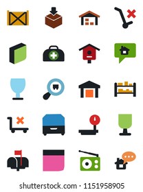 Color and black flat icon set - bird house vector, doctor case, container, fragile, no trolley, warehouse, package, heavy scales, search cargo, rack, radio, blank box, archive, mailbox, home message