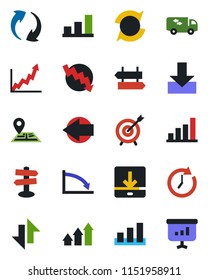 Color and black flat icon set - signpost vector, left arrow, crisis graph, navigation, sorting, update, data exchange, download, bar, moving, target, up, clock, growth, presentation