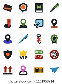 Color and black flat icon set - vip vector, stamp, plant label, heart shield, navigation, pin, up side sign, no hook, barcode, cut, place tag, sertificate, pen, menu, open close, paper plane