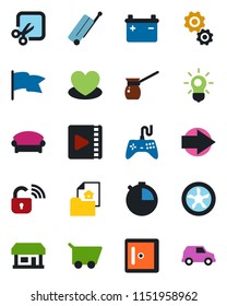 Color and black flat icon set - suitcase vector, waiting area, right arrow, checkroom, heart, store, gamepad, stopwatch, cut, video, estate document, turkish coffee, fan, wireless lock, bulb, gear