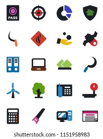 Color and black flat icon set - passport vector, office binder, circle chart, tree, saw, sickle, satellite, heavy scales, laptop pc, phone, target, serviette, smoke detector, home protect, windmill