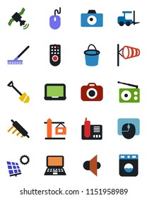 Color and black flat icon set - camera vector, fork loader, wind, mouse, notebook pc, job, rake, bucket, radio, satellite, speaker, phone, sun panel, crane, rolling pin, remote control, washer
