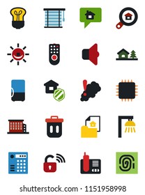 Color and black flat icon set - radio phone vector, house with tree, estate document, office building, search, insurance, chip, wireless lock, remote control, smoke detector, bulb, outdoor lamp