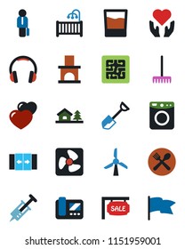 Color and black flat icon set - automatic door vector, shovel, rake, fireplace, syringe, heart hand, headphones, manager, house with tree, sale, children room, cafe, drink, chip, fan, intercome