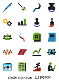 Color and black flat icon set - stamp vector, rake, sickle, themes, calendar, copybook, bar graph, document search, hr, point, paper tray, contract, career ladder, pen, gear, group