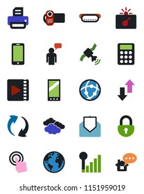 Color and black flat icon set - bomb in case vector, clouds, mobile phone, speaking man, printer, earth, satellite, video camera, touch screen, mail, update, network, data exchange, lock, calculator
