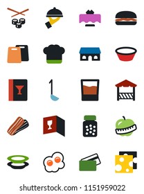 Color and black flat icon set - pills bottle vector, diet, restaurant table, cook hat, wine card, drink, plates, bacon, waiter, cafe building, alcove, credit, hamburger, ladle, bowl, cutting board