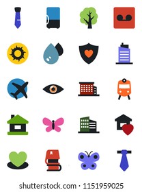 Color and black flat icon set - train vector, tree, butterfly, sun, heart, shield, eye, plane, record, tie, book, house, office building, sweet home, city, water, fridge