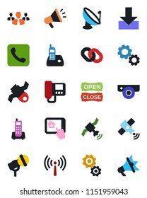 Color and black flat icon set - antenna vector, satellite, office phone, microphone, radio, chain, call, download, open close, web camera, intercome, home control app, group, gear, advertising