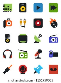 Color and black flat icon set - satellite antenna vector, flame disk, camera, microphone, radio, equalizer, video, remote control, headphones, speaker, paper pin, play button, fast forward, rec, rca