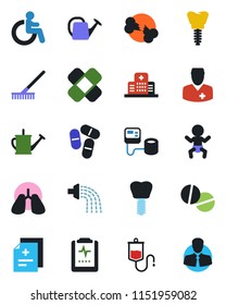 Color and black flat icon set - baby vector, disabled, rake, watering can, diagnosis, blood pressure, dropper, pills, patch, lungs, implant, broken bone, pulse clipboard, hospital, doctor, client