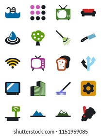 Color and black flat icon set - rake vector, route, heavy scales, tv, menu, settings, office building, pool, fruit tree, mountains, cushioned furniture, wireless, bread, knife, water, smoke detector