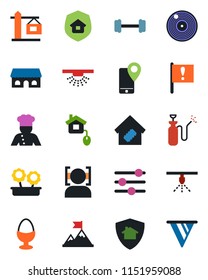Color and black flat icon set - garden sprayer vector, barbell, important flag, mobile tracking, vinyl, tuning, face id, smart home, flower in pot, crane, estate insurance, cook, egg stand, control
