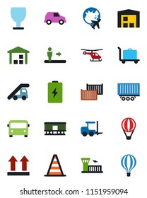 Color and black flat icon set - baggage trolley vector, airport bus, escalator, fork loader, ladder car, border cone, helicopter, plane globe, building, truck trailer, cargo container, fragile