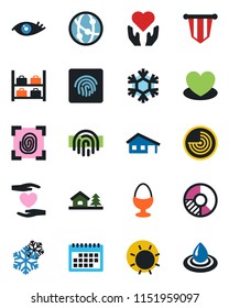 Color and black flat icon set - radar vector, luggage storage, pennant, circle chart, sun, heart, hand, eye, network, fingerprint id, calendar, house with garage, tree, egg stand, snowflake, water