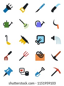 Color and black flat icon set - garden fork vector, shovel, farm, rake, watering can, saw, sickle, knife, blood pressure, scalpel, torch, cut, drawing pin, paper clip, ladle, rolling, hard work