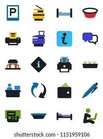 Color and black flat icon set - parking vector, bed, pen, manager place, seedling, dialog, update, news, printer, copier, bedroom, cafe building, bowl, information, wallet, man with notebook