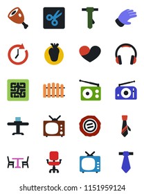 Color and black flat icon set - cafe vector, tie, stamp, fence, glove, real heart, radio, tv, headphones, cut, office chair, restaurant table, ham, chip, clock