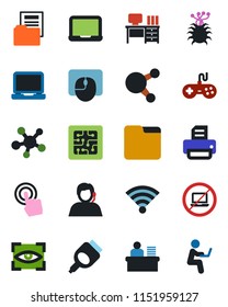 Color and black flat icon set - no laptop vector, mouse, desk, notebook pc, printer, virus, support, gamepad, touch screen, share, hdmi, folder, wireless, document, manager, chip, eye scan, man with