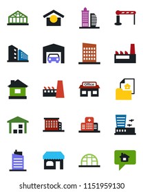 Color and black flat icon set - barrier vector, shop, airport building, house, greenhouse, hospital, store, warehouse storage, garage, estate document, office, city, factory, home message