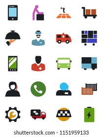 Color and black flat icon set - taxi vector, airport bus, phone, baby room, ambulance car, doctor, support, cargo container, consolidated, cell, mobile, root setup, moving, waiter, warm floor
