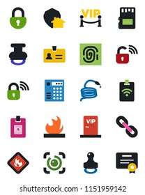 Color and black flat icon set - identity vector, hose, flammable, chain, sd, lock, eye id, card, stamp, vip zone, wireless, home protect, combination, pass, fingerprint, certificate