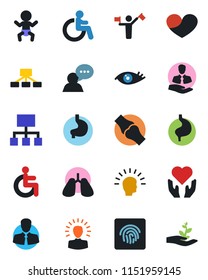 Color and black flat icon set - dispatcher vector, baby, disabled, heart hand, stomach, lungs, eye, joint, client, speaker, fingerprint id, shining head, hierarchy, palm sproute