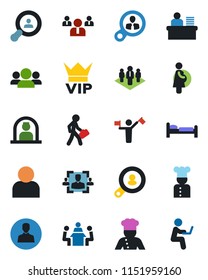 Color and black flat icon set - dispatcher vector, vip, reception, bed, team, pregnancy, user, hr, manager desk, meeting, company, client search, cook, consumer, group, man with notebook