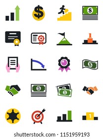 Color and black flat icon set - handshake vector, growth statistic, dollar sign, medal, document, cash, bar graph, career ladder, police, target, motivation, crisis, certificate, pedestal