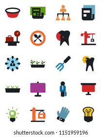 Color and black flat icon set - spoon and fork vector, luggage scales, hierarchy, presentation board, garden, glove, seedling, caries, news, manager, crane, bowl, bulb