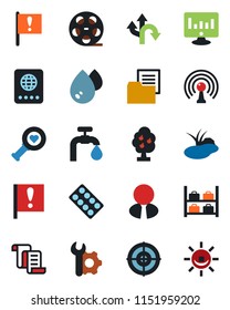 Color and black flat icon set - passport vector, luggage storage, contract, statistic monitor, pond, heart diagnostic, pills blister, route, important flag, folder document, reel, antenna, target