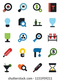 Color and black flat icon set - bulb vector, blood test vial, thermometer, heart diagnostic, fragile, search cargo, document, water supply, estate, alcohol, wine card, cocktail, consumer, money