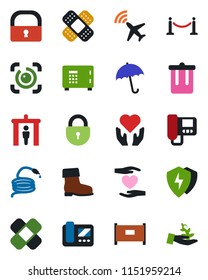 Color and black flat icon set - plane radar vector, fence, security gate, umbrella, trash bin, safe, lock, boot, hose, patch, heart hand, protect, eye id, intercome, palm sproute
