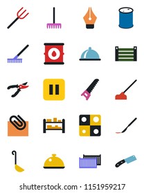Color and black flat icon set - farm fork vector, rake, pruner, saw, hoe, scalpel, cargo container, oil barrel, rack, pause button, application, paper clip, ink pen, dish, ladle, knife